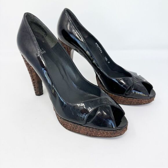 Stuart Weitzman Patent Peep Toe Platform Wicker Heels Black Brown Size 10.5 - Picture 1 of 10